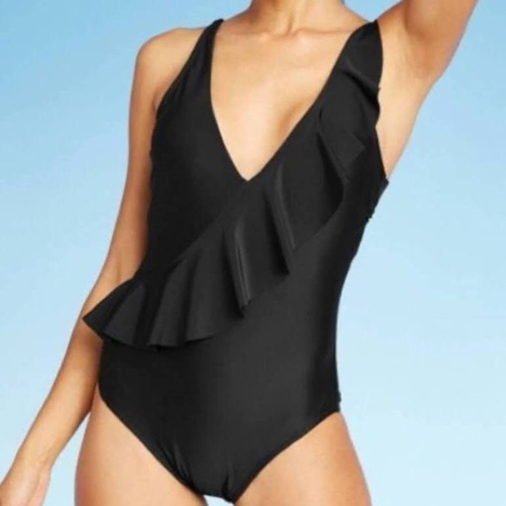 Kona Sol Swimsuit One Piece Deep Asymmetrical Ruffle